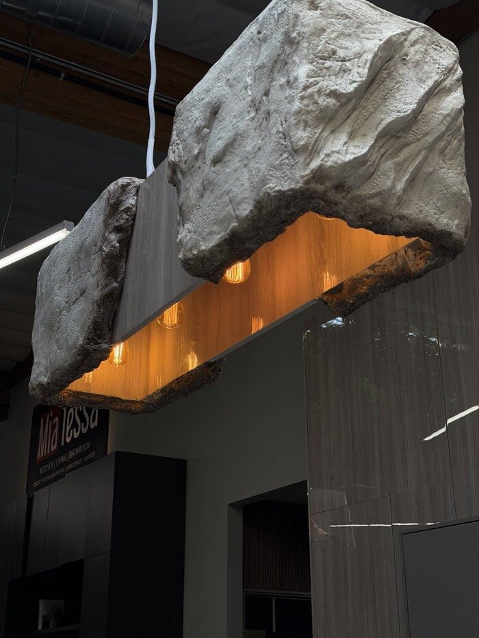 Close-up of the sculpted stone pendant light fixture