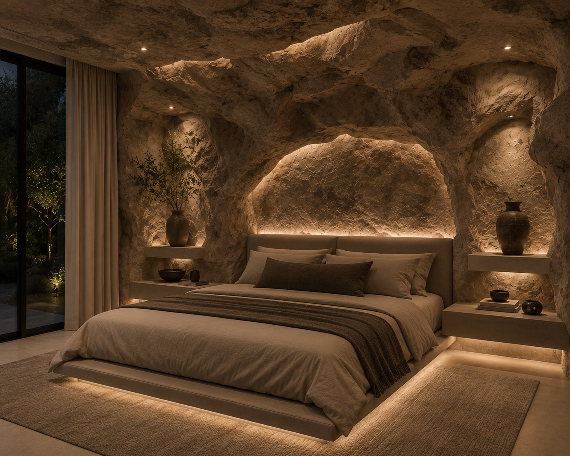 Hand-sculpted stone cave bedroom