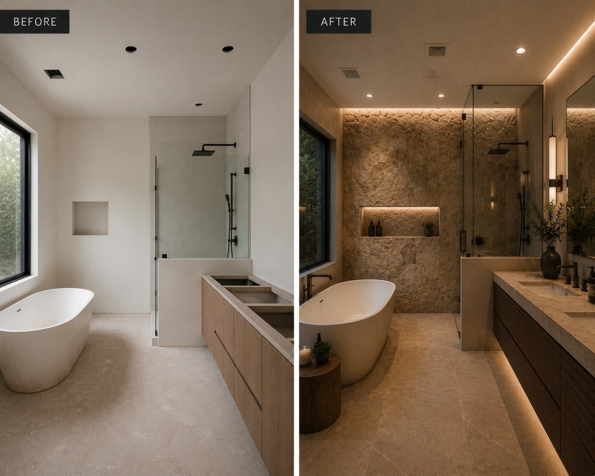 Bathroom before and after with sculpted stone shower wall