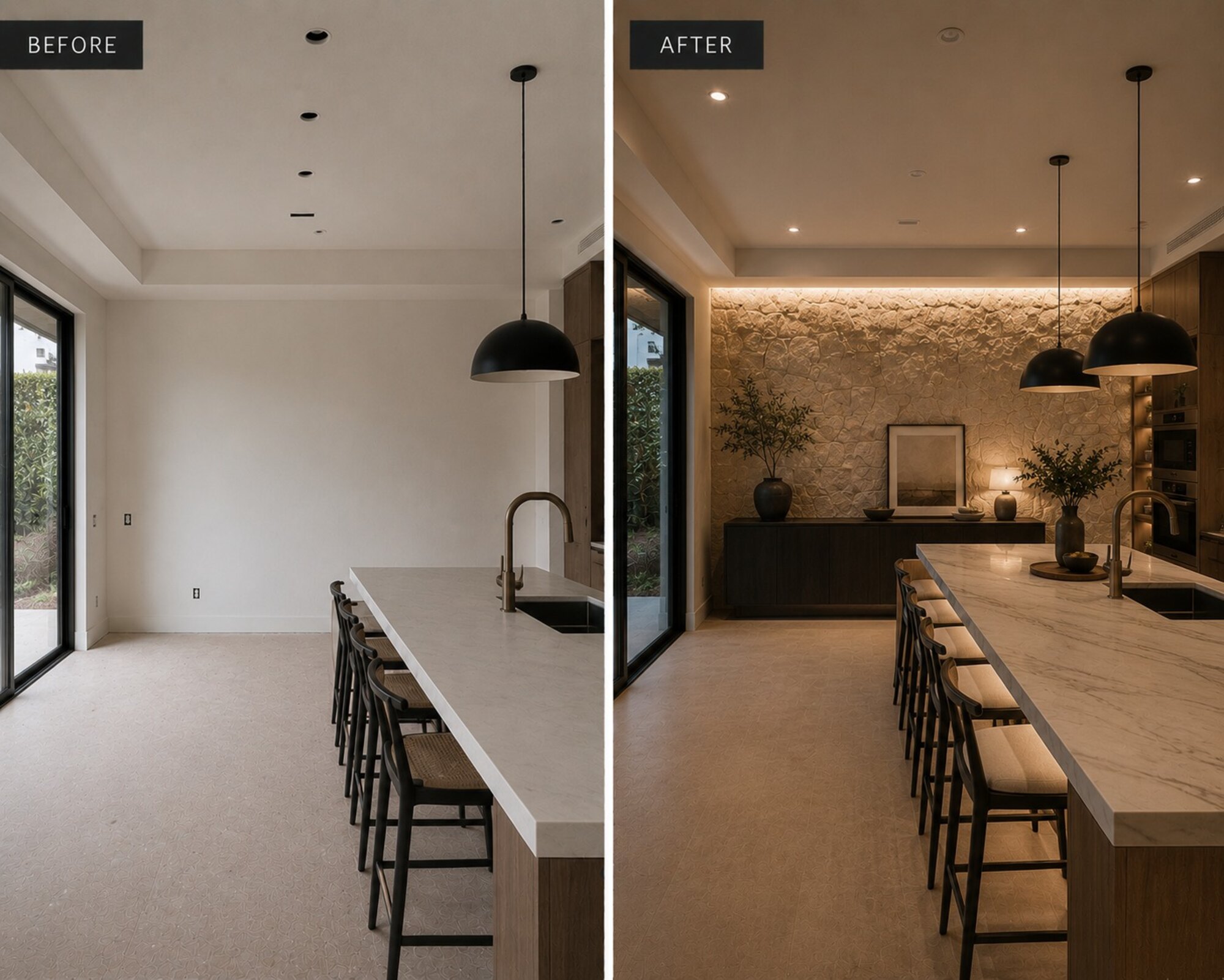 Kitchen before and after with sculpted stone feature wall