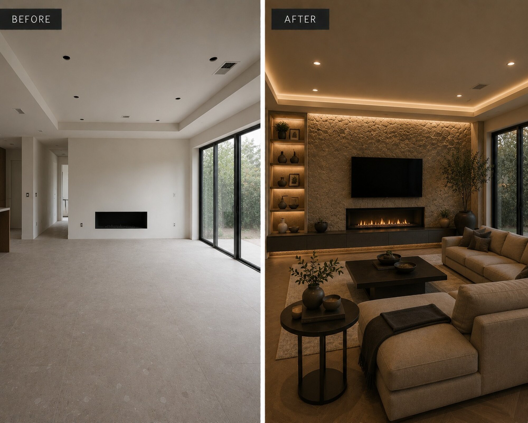 Living room before and after with sculpted stone feature wall