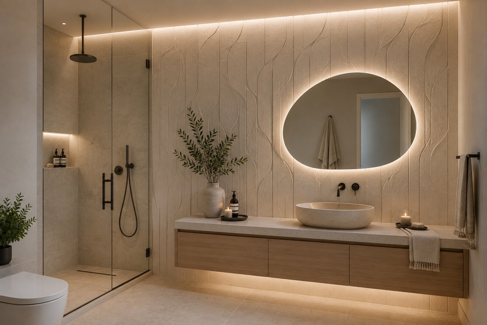 Prefabricated hand-sculpted panel wall in a modern bathroom