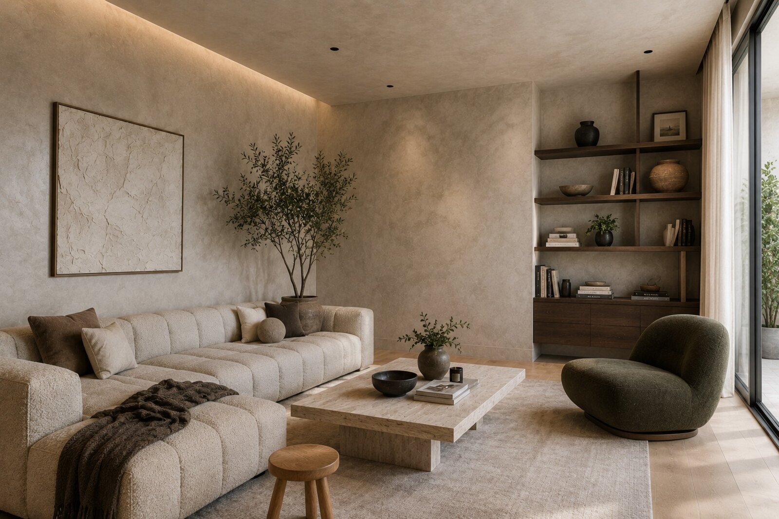 Warm Venetian plaster living room interior