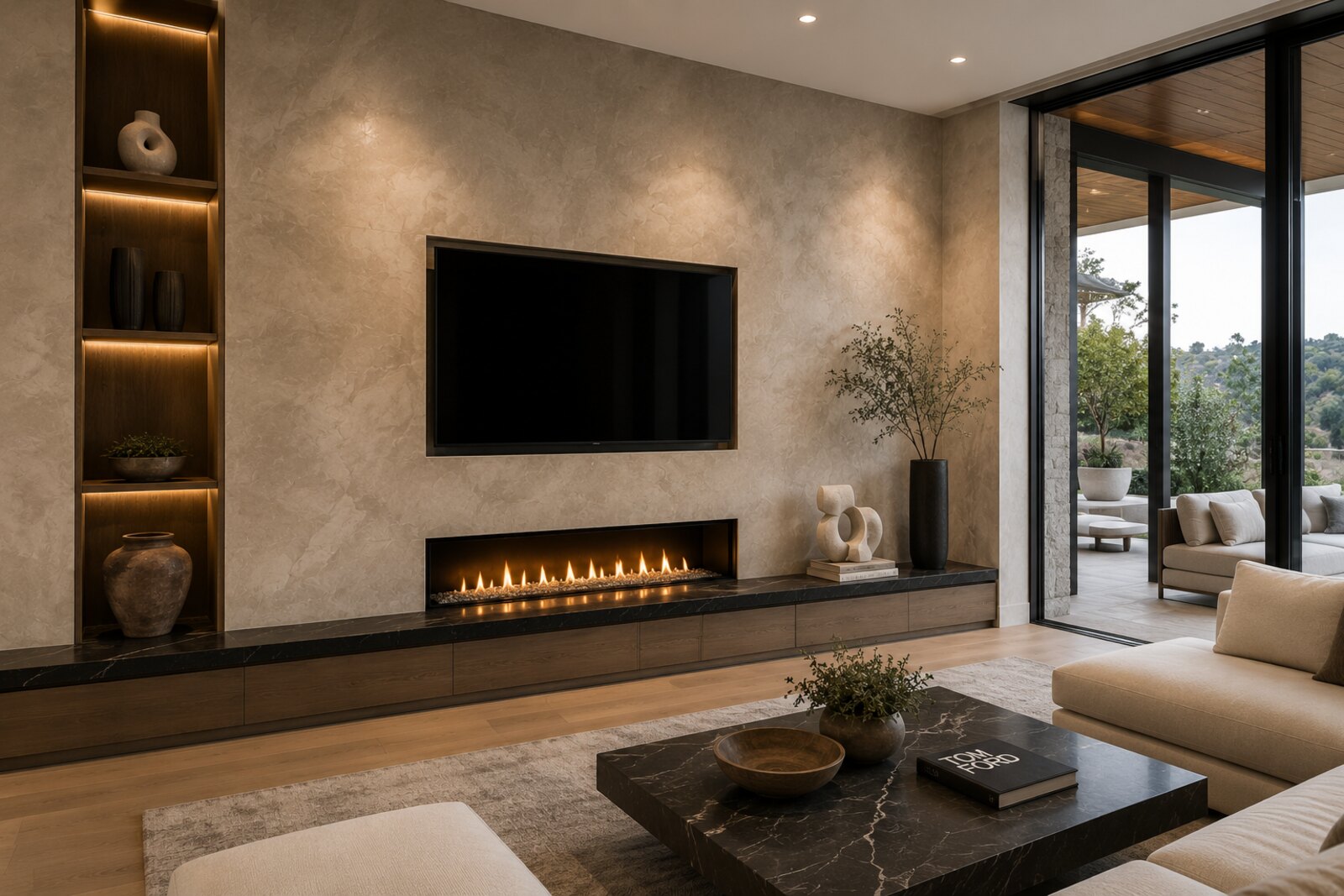 Venetian plaster living room, warm tones