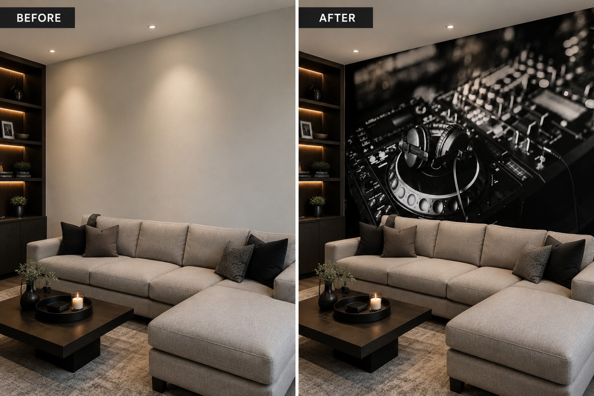 Lounge before and after with printed DJ mural