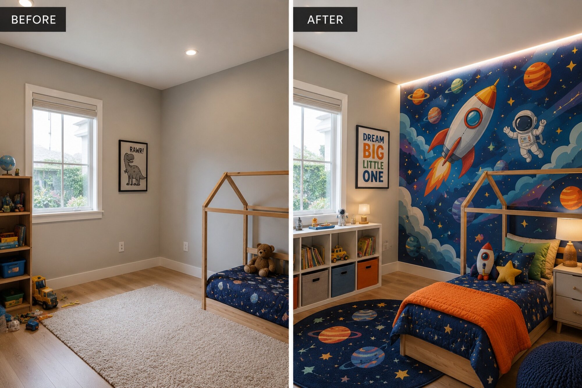 Kids bedroom before and after with printed space mural