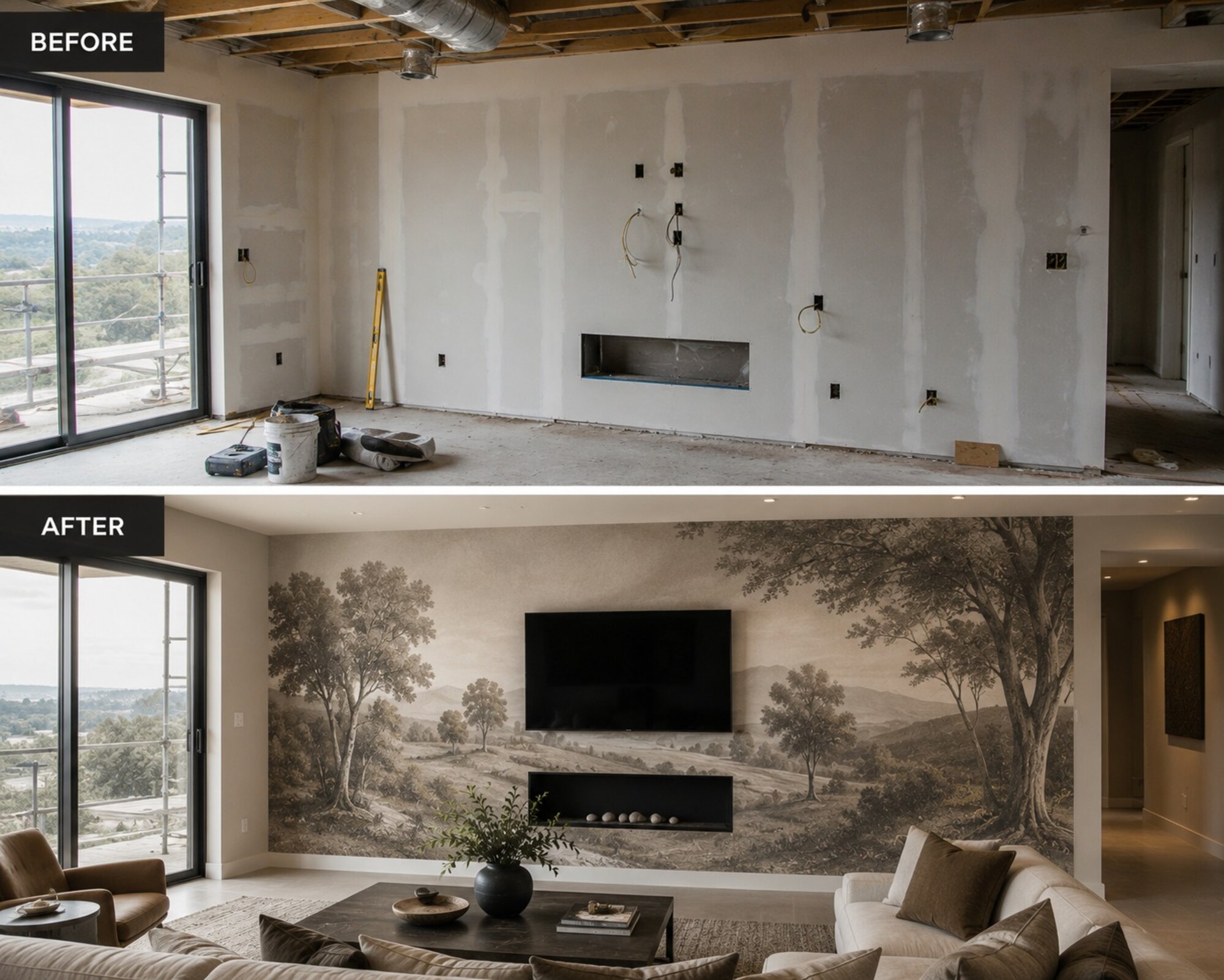 Living room before and after with printed landscape mural