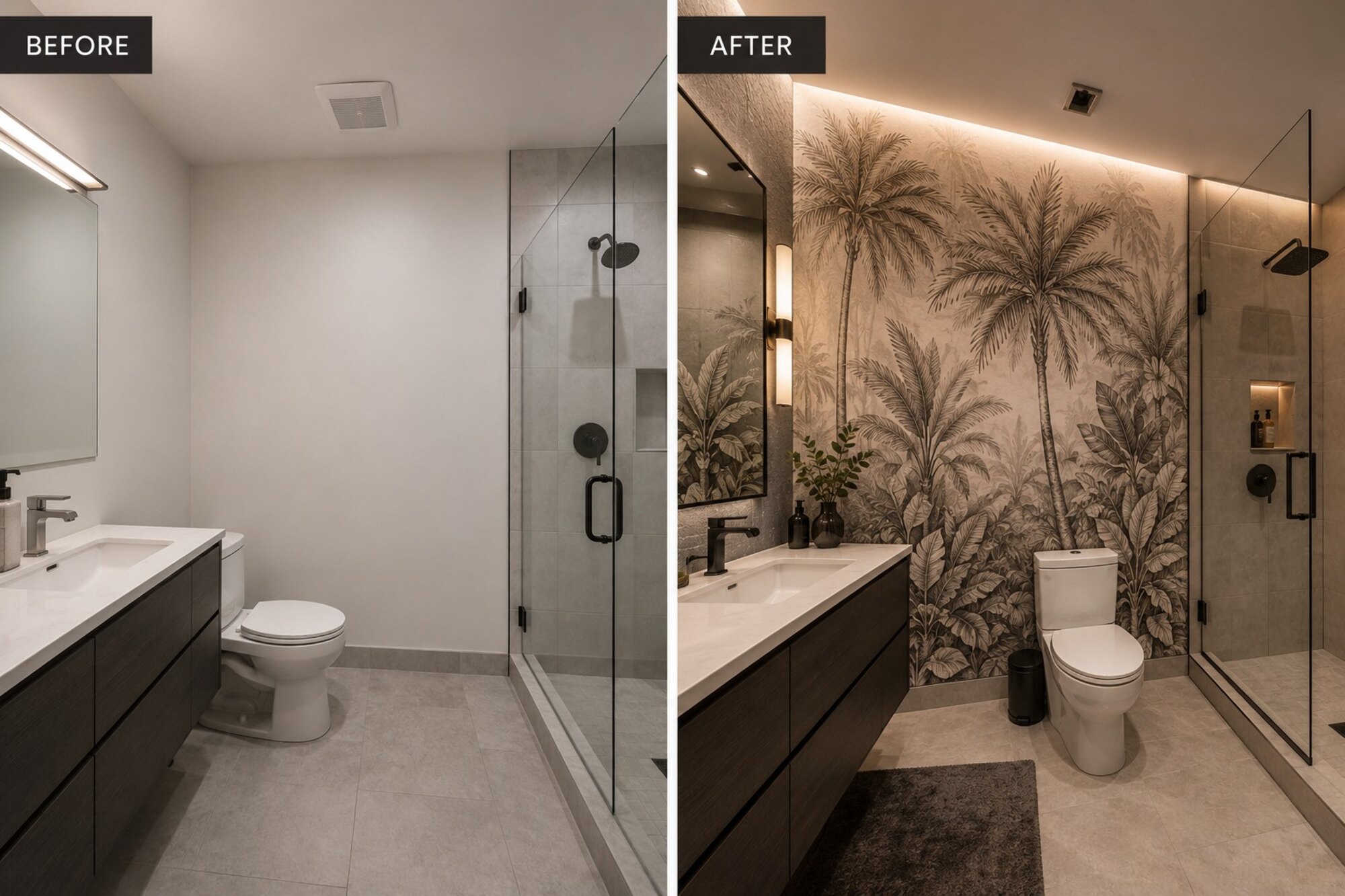Bathroom before and after with printed tropical palm mural