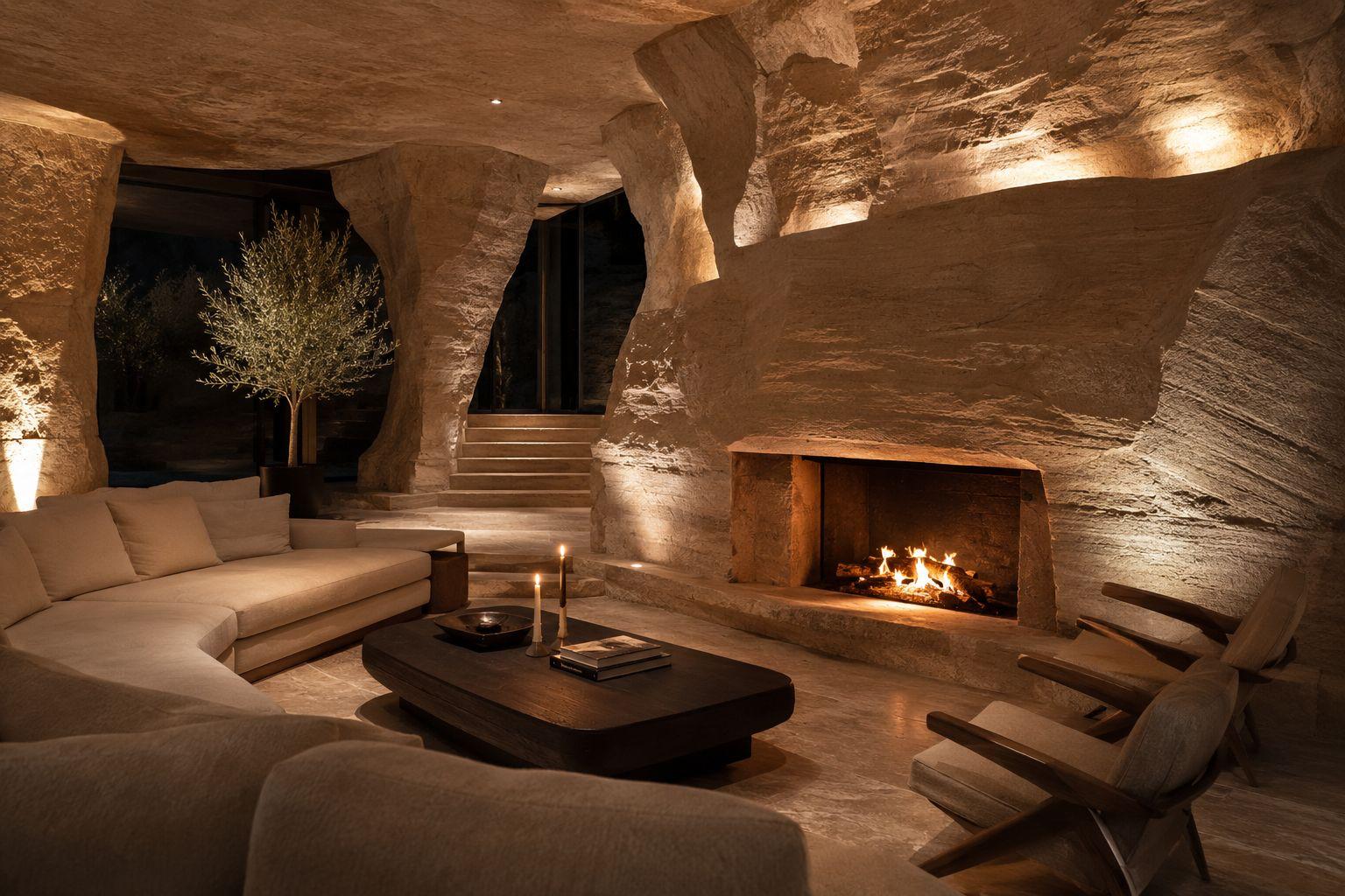 Sculpted stone cave living room with fireplace