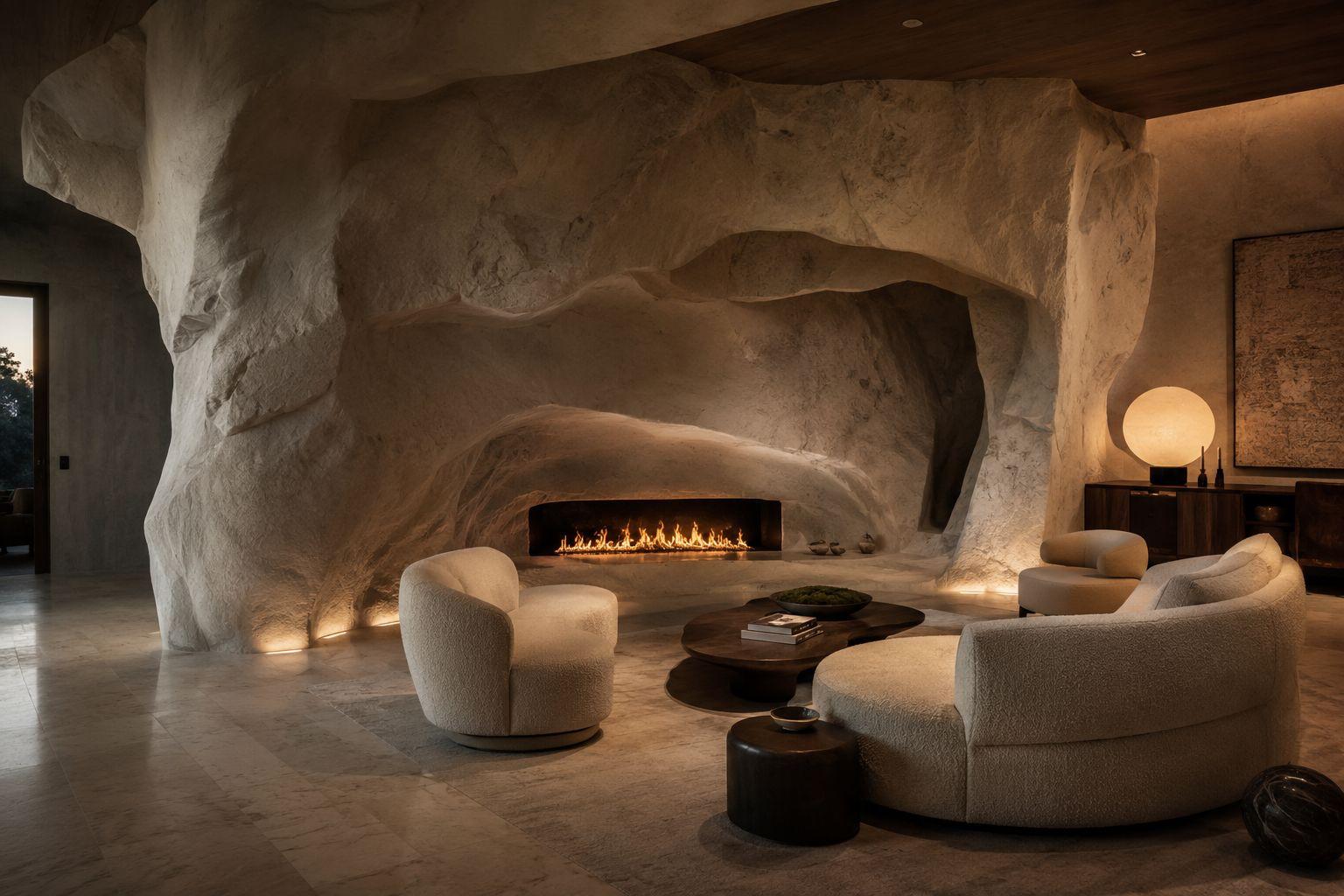 White cave wall with linear fireplace