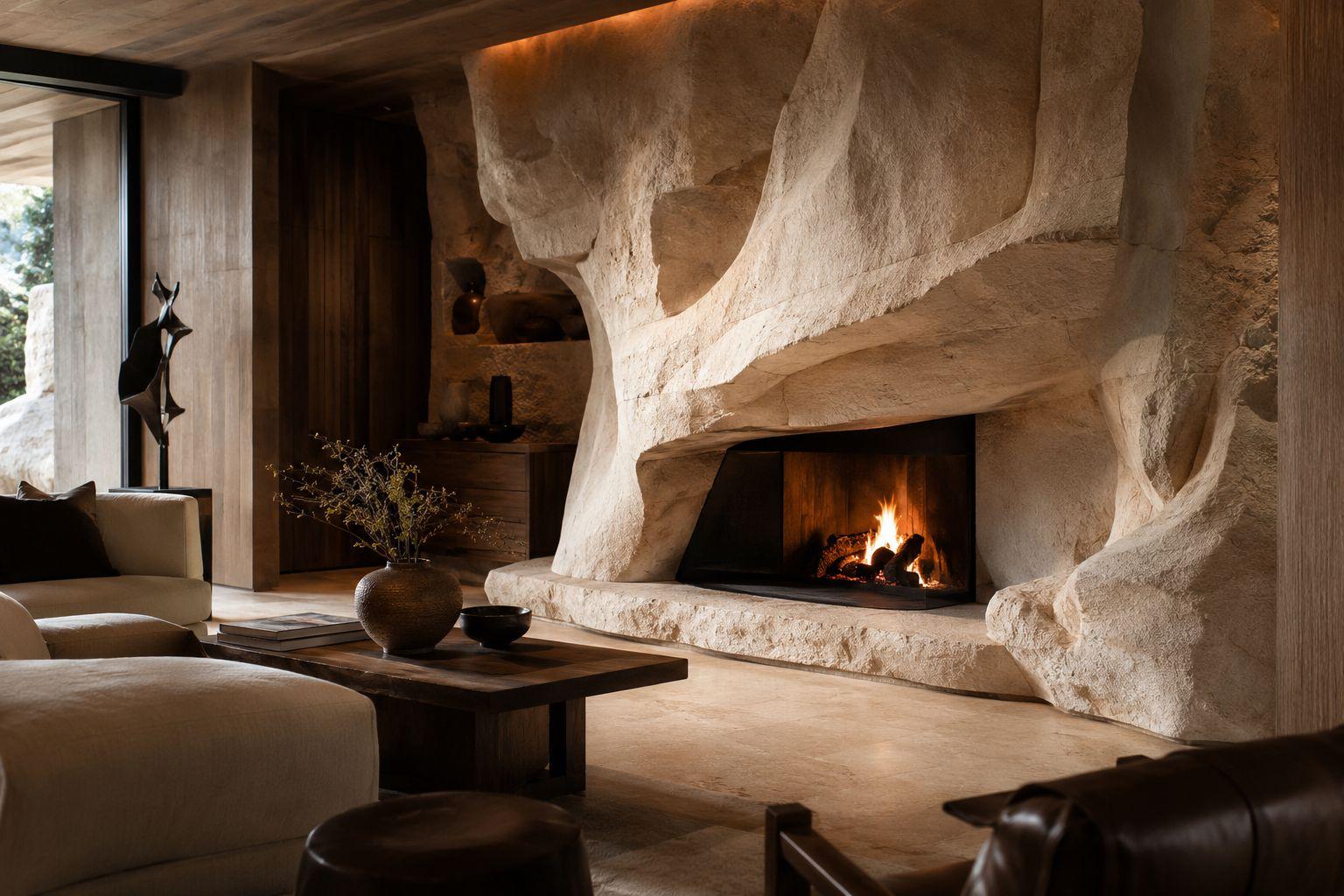 Custom sculpted stone fireplace by Facade Sculpture